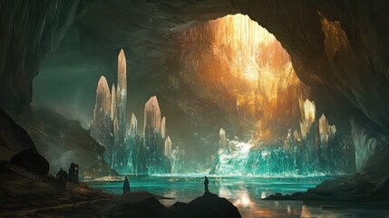 A glowing cavern with an underground lake and towering crystal formations