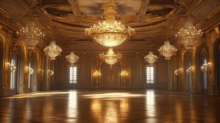 Opulent ballroom elegance, showcasing grand chandeliers, shimmering gold walls, exquisite decor, a lavish atmosphere, perfect for luxury events and celebrations.