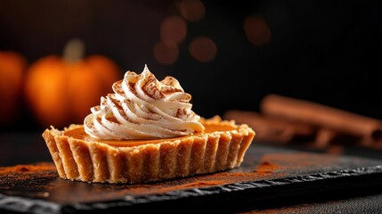 Delicious pumpkin pie topped with whipped cream and cinnamon on a dark background, perfect for autumn desserts.