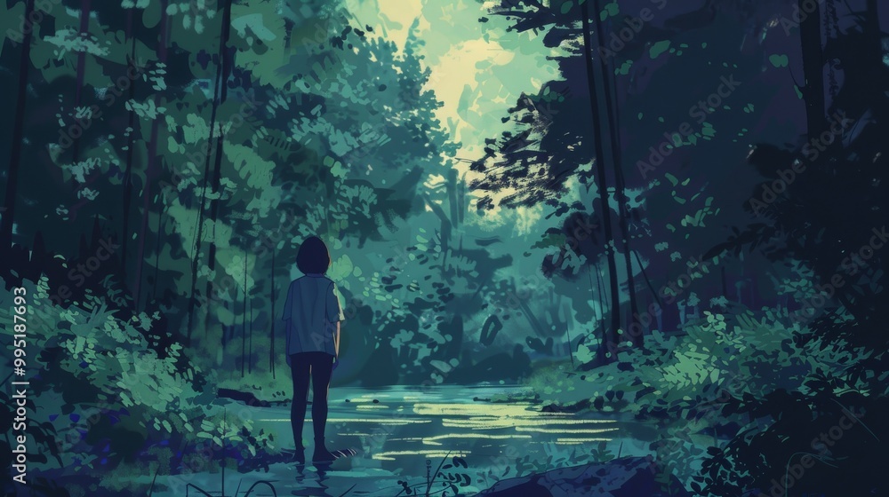 Poster lofi design with back view of a forest.