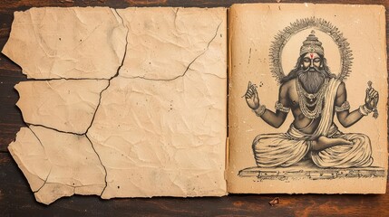 Ancient Indian manuscript showing Brahma, detailed ink and gold designs, illustrating Hindu cosmology and creation