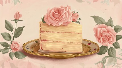An antique-style drawing of a frosted layer cake with roses and pastel-colored icing, placed on a gold-trimmed plate with a soft floral background. 8k UHD, suitable for high-quality printing 