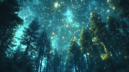 Obraz premium A glowing forest where the trees seem to reach up toward the stars