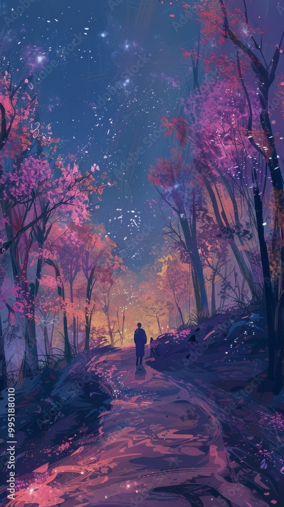 Poster lofi scene with back view of winding paths.