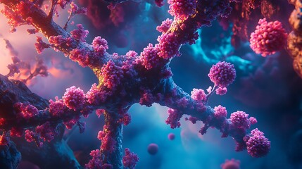 Fototapeta premium Virus in the Bronchioles A close-up of viral particles passing through the bronchioles, the smaller airways leading to the alveoli. 