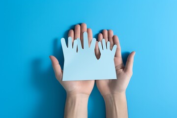 Hands protecting smooth white family-shaped paper on light blue background