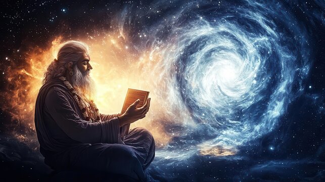 Brahma holding the Vedas, surrounded by swirling cosmic energy, symbolizing divine knowledge and the power of creation