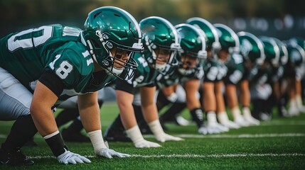 Unity spirit partnership and athletics concept. A team of football players in green uniforms assumes a competitive stance on the field, ready for action during a game.