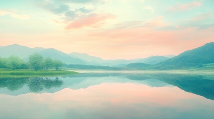 Fototapeta premium Serene landscape with mountains reflecting in calm water at sunrise.