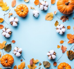 Obraz premium Autumn background with pumpkins, cotton flowers, and leaves on light blue backdrop.