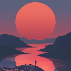 Fototapeta premium A man stands on a rocky shore looking out at a large red sun
