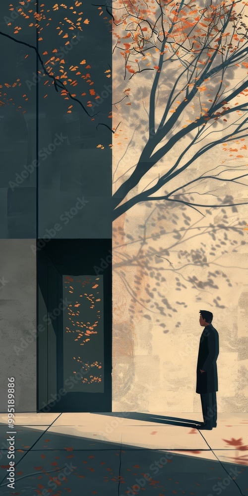 Poster A man stands in front of a building with a tree in the background