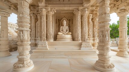 Fototapeta premium Brahma in a grand temple setting, surrounded by intricate carvings and vibrant patterns, representing the birth of the universe