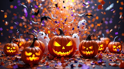 Naklejka premium Colorful confetti as abstract party wallpaper background header, Paper cut art, Halloween atmosphere