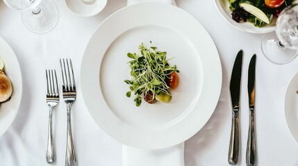 Dine at an upscale restaurant where a beautifully arranged gourmet platter showcases microgreens and colorful vegetables under bright, natural light