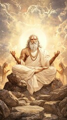 Obraz premium Brahma in a heavenly setting, surrounded by angels and celestial beings, a symbol of divine wisdom and knowledge