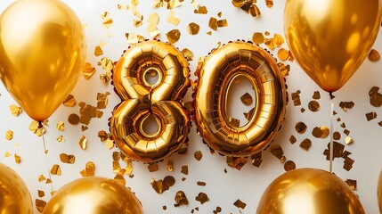 80th foil balloons with golden confetti on white background
