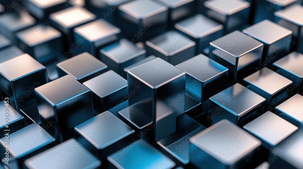 Poster floating 3d cubes with a metallic sheen, arranged in a grid