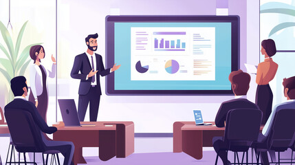 A professional giving a presentation in a modern boardr