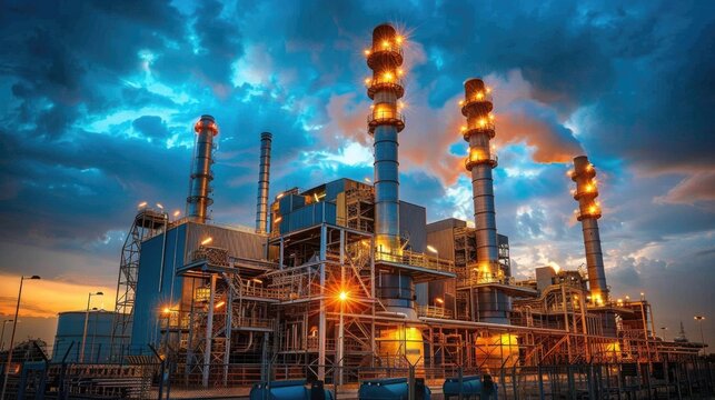 Electricity Plant. Gas Turbine Generator in Twilight Sky at Power Station for Energy Infrastructure