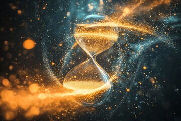 Futuristic hourglass with glowing, vibrant particles illustrating the concept of time in a digital universe.