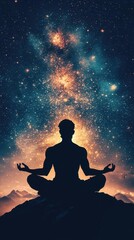 Brahma meditating under the cosmic sky, surrounded by glowing celestial symbols, deep spirituality, Hindu mythology