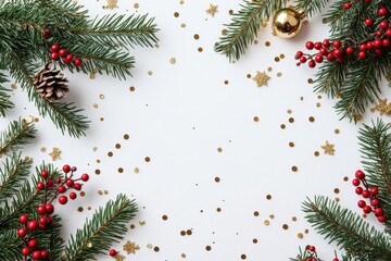 Festive Christmas background with pine branches, red berries, and confetti on white backdrop
