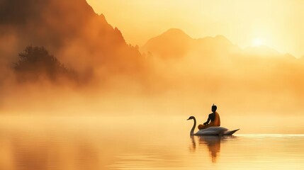 Brahma riding a swan, serene expression, floating in an ethereal, mistfilled landscape, spiritual journey