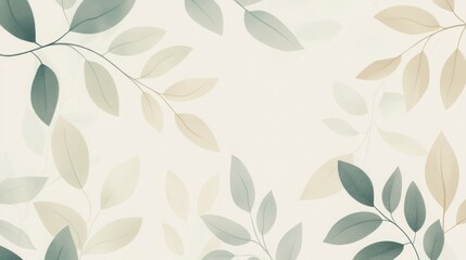  featuring abstract, stylized leaves and thin branches in soft shades of green and beige
