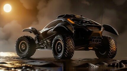 Concept car in black, an extreme sport vehicle. Fast car with gold details, built for speed.