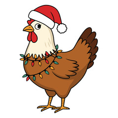 Cartoon Christmas Chicken with Santa Hat and Lights
