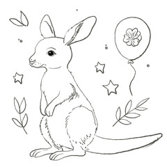 Cute sketch of baby kangaroo cartoon character coloring page vector illustration. Wild animal, mothers day colouring page for kids