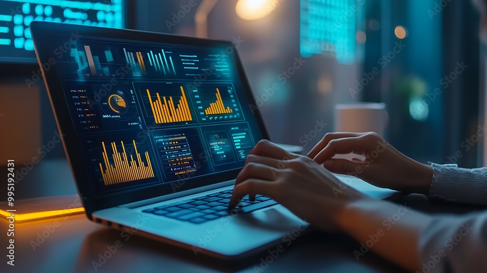 Wall mural data analysis on a laptop screen in a dimly lit room