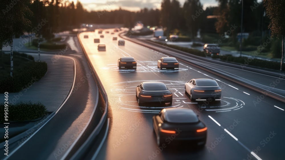 Poster 3d rendering showing autonomous cars on a road with visible connections