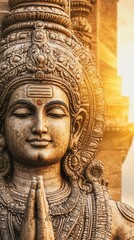 Brahma with a serene face, golden skin, holding symbols of wisdom, depicted in ancient Indian art style, spirituality