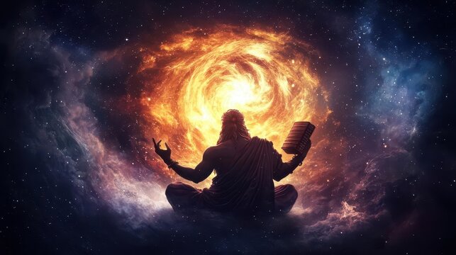 Fourarmed Brahma holding the Vedas, surrounded by swirling cosmic energy, symbolizing divine creation and knowledge