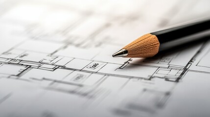 A close-up image of a pen and pencil lying on top of a blueprint. The blueprint shows architectural plans with dimensions and labels.