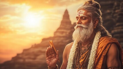 Fototapeta premium Fourfaced Brahma holding Vedas, a symbol of creation and knowledge, vibrant Indian temple backdrop, Hindu religion