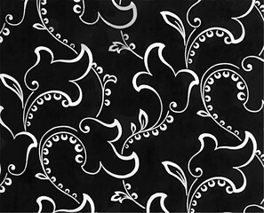 Black and white pattern with stylized, whimsical floral motifs formed by curved lines and dots.