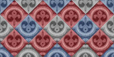 Vintage colorful tiled wall and floor stone and marble pattern with unique mixed design pattern.