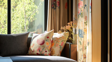 Grommet curtains and a sofa with floral cushions contrasted with sunlight.