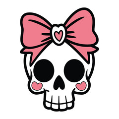 Cartoon Skull with Pink Bow and Heart Cheeks Illustration