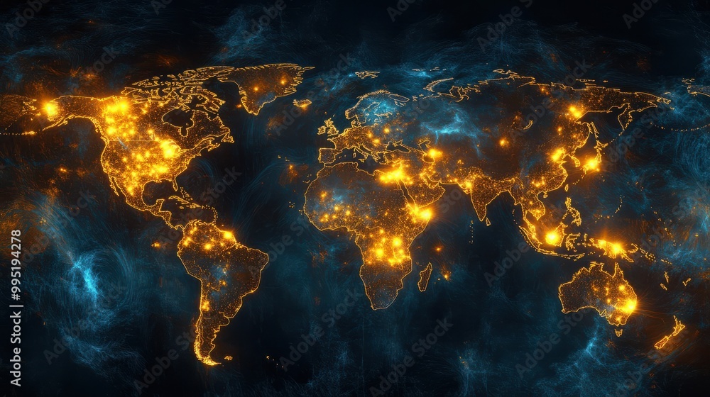 Poster a glowing world map highlights illuminated cities, visualizing the intricate network of global conne