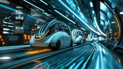 A futuristic transport system with autonomous vehicles and smart infrastructure, representing the next generation technology era, with space for text.