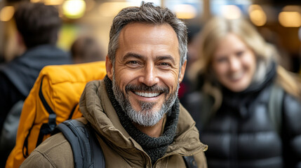 Fototapeta premium A cheerful man with a backpack and yellow jacket smiles in a bustling urban environment, radiating adventure and joy.