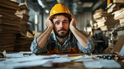 Worker looking stressed and overwhelmed in a construction site filled with paperwork during daylight hours
