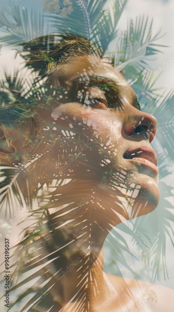 Poster A woman's face is reflected in the leaves of a palm tree