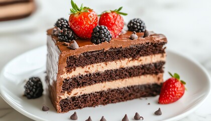 Indulge in a rich chocolate cake layered with creamy frosting and topped with fresh berries, perfect for dessert enthusiasts.