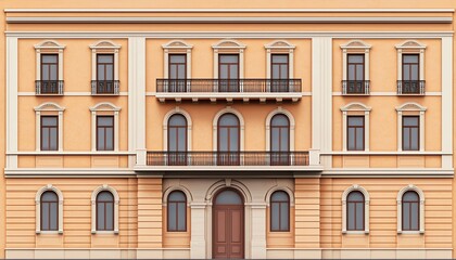 Fototapeta premium Elegant historic building with a charming orange facade, featuring balconies and arched windows, ideal for architectural designs.