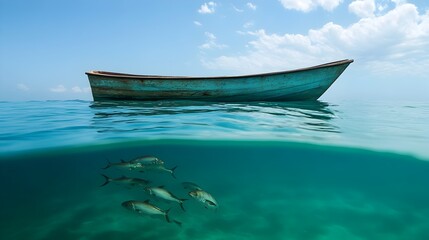 Fototapeta premium A fishing boat gently floating on the calm serene waters of the ocean with a school of fish swimming just below the surface creating a beautiful and peaceful natural scene
